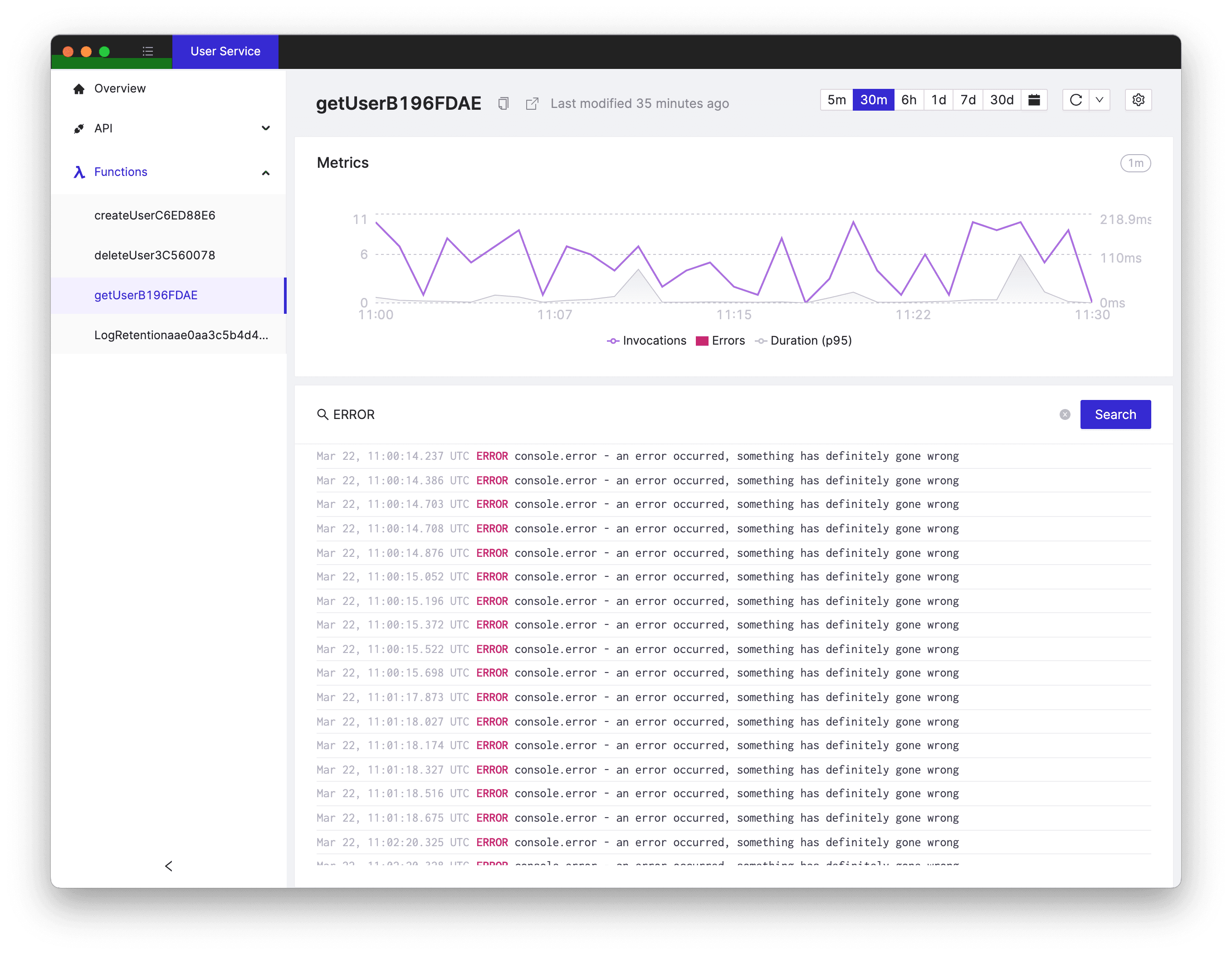 A screenshot of error logs in Cloudash app