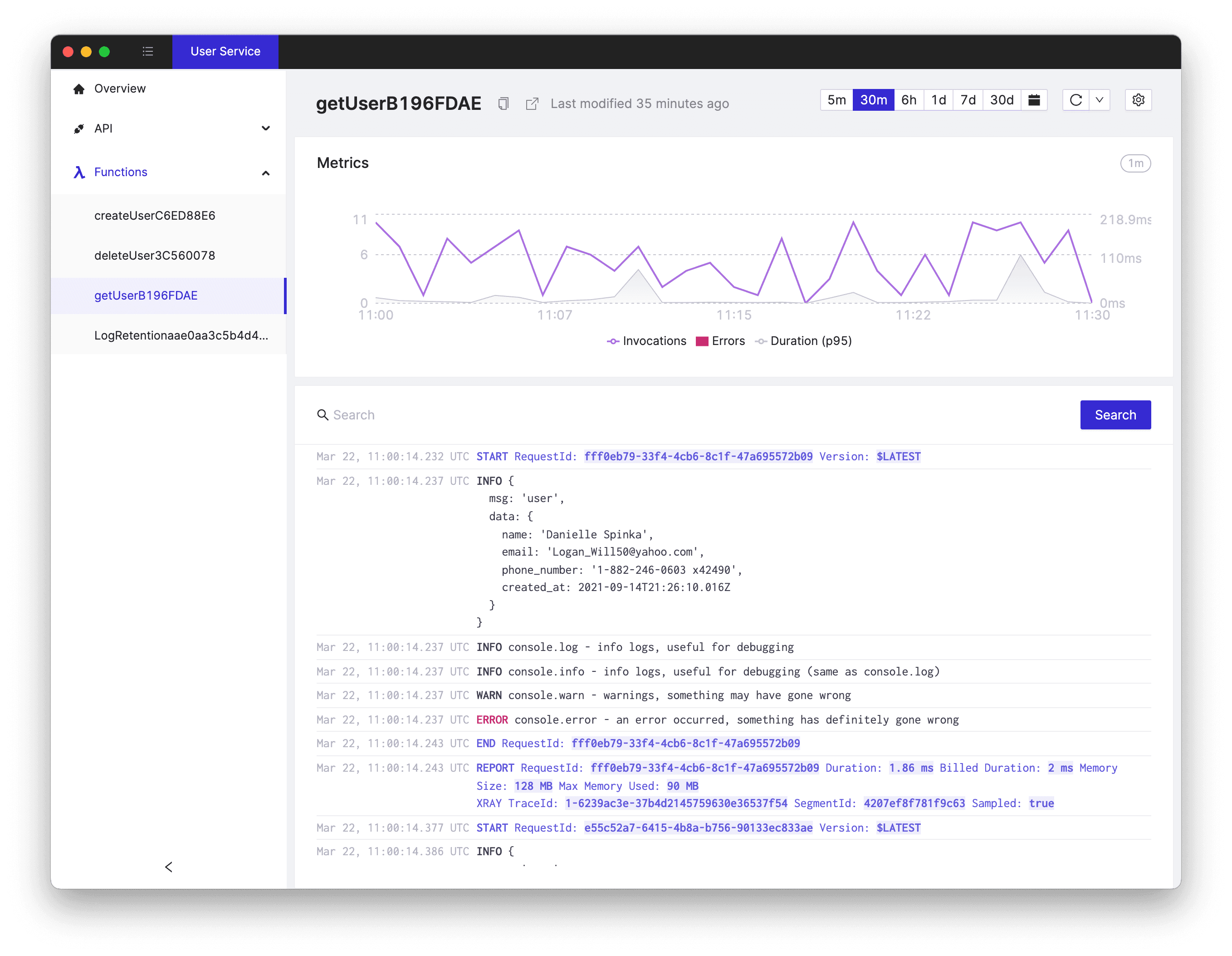 A screenshot of logs in Cloudash app