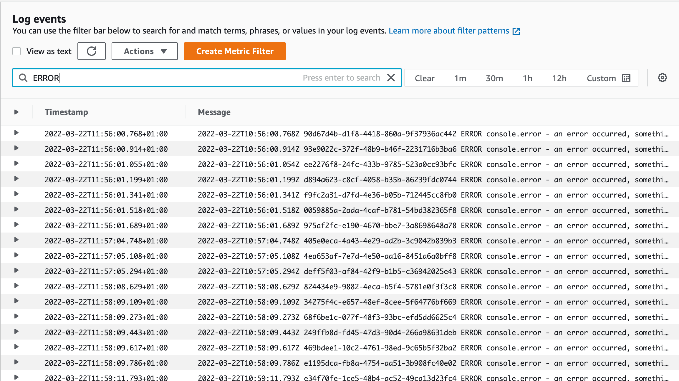 A filter showing all ERROR logs