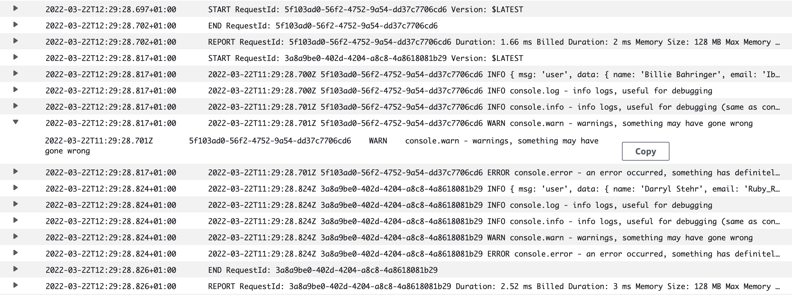 A screenshot of logs in CloudWatch console