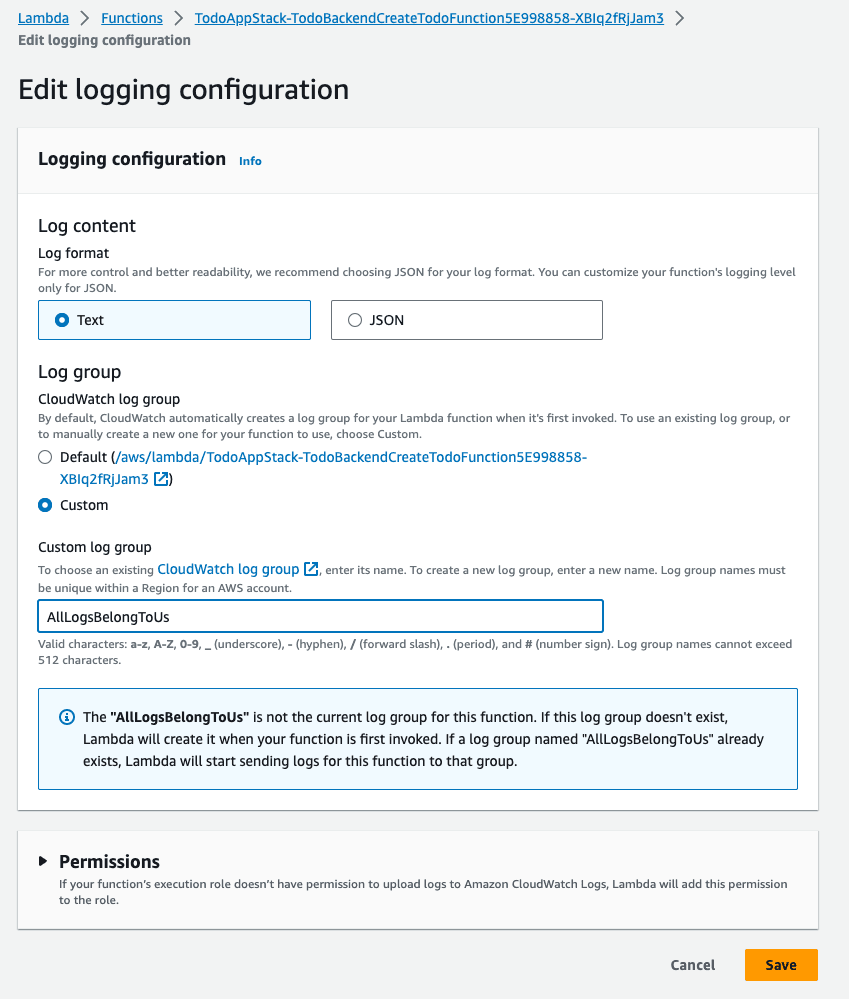 A screenshot showing custom log group configuration